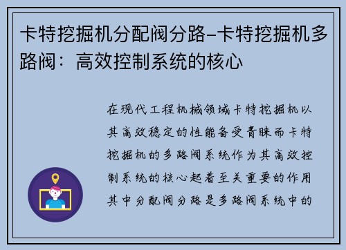 卡特挖掘机分配阀分路-卡特挖掘机多路阀：高效控制系统的核心